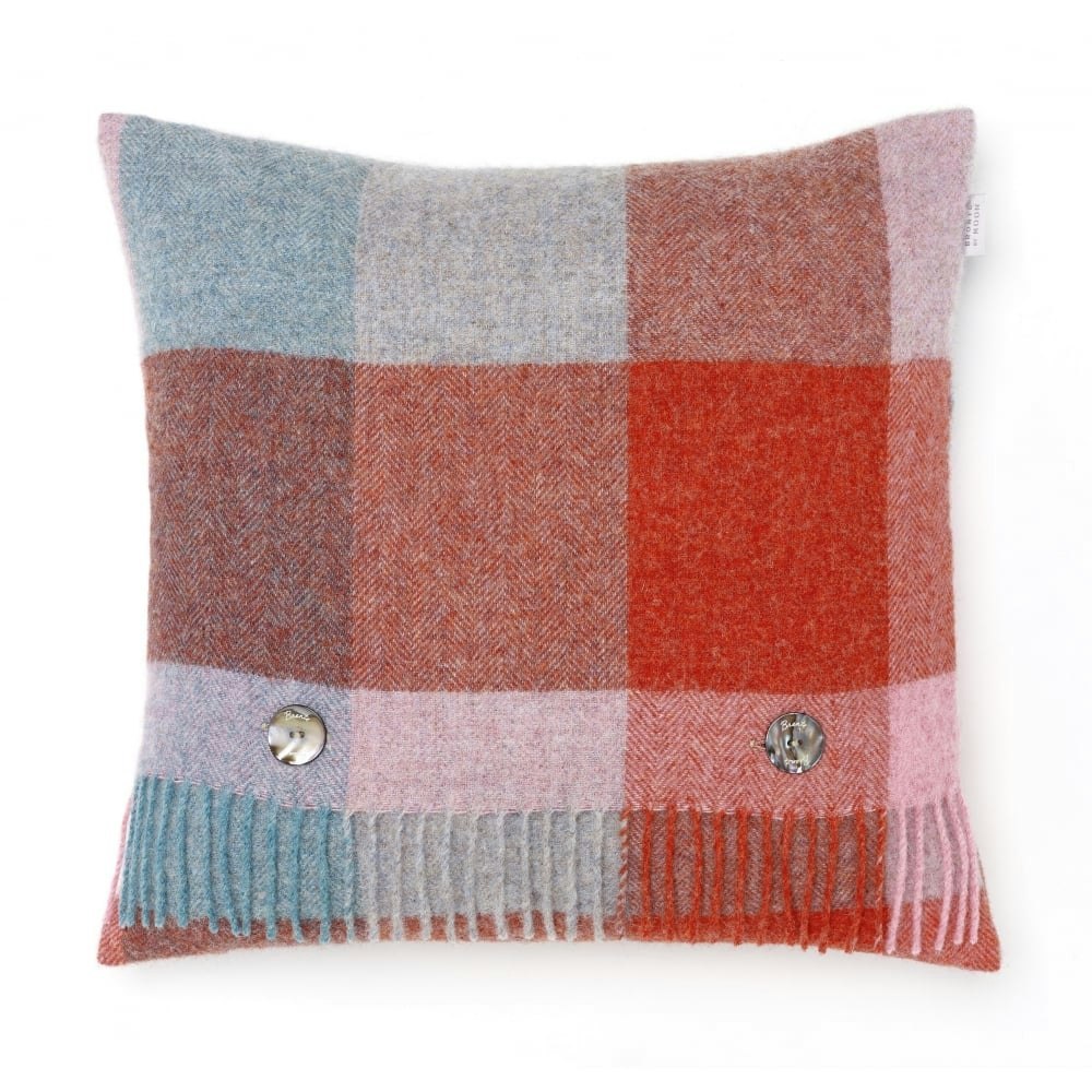 Flamingo & Aqua Rome Check Pure New Wool Cushion by Bronte by Moon