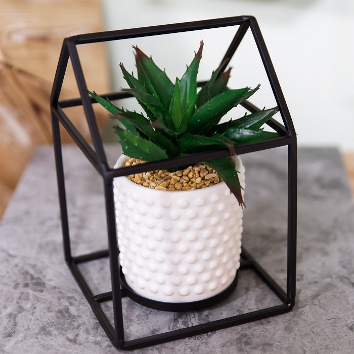 Black Metal House Faux Plant Holder by