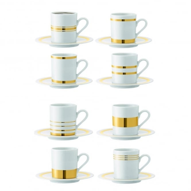 Set Of 8 Gold Deco Assorted Espresso Cups & Saucers by LSA International