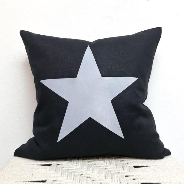40cm Grey Star Black Linen Cushion by Chalk Jewellery