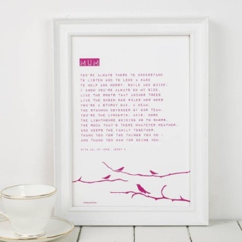 Pink My Mum Bird Poem Print by Bespoke Verse