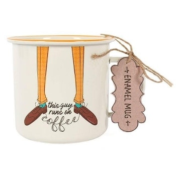This Guy Runs On Coffee Enamel Mug by Something Different