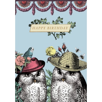 Owls With Hats Happy Birthday Card by Roger la Borde
