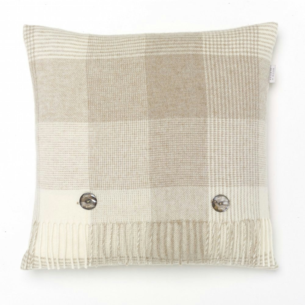 40 x 40cm Beige Blanket Check Lambswool Cushion by Bronte by Moon