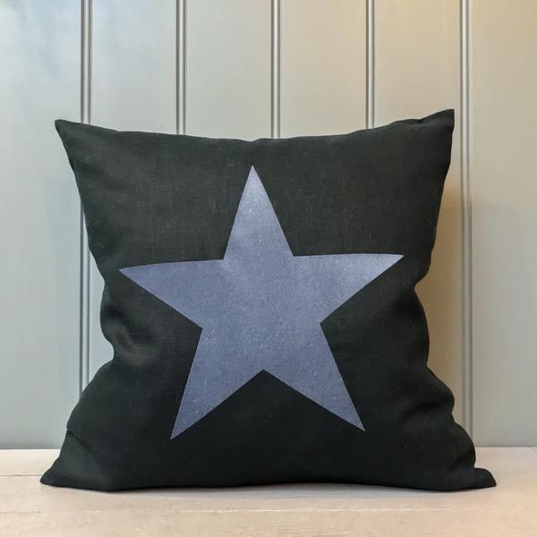Black Linen Cushion With Grey Star 40 Cm by Chalk Jewellery