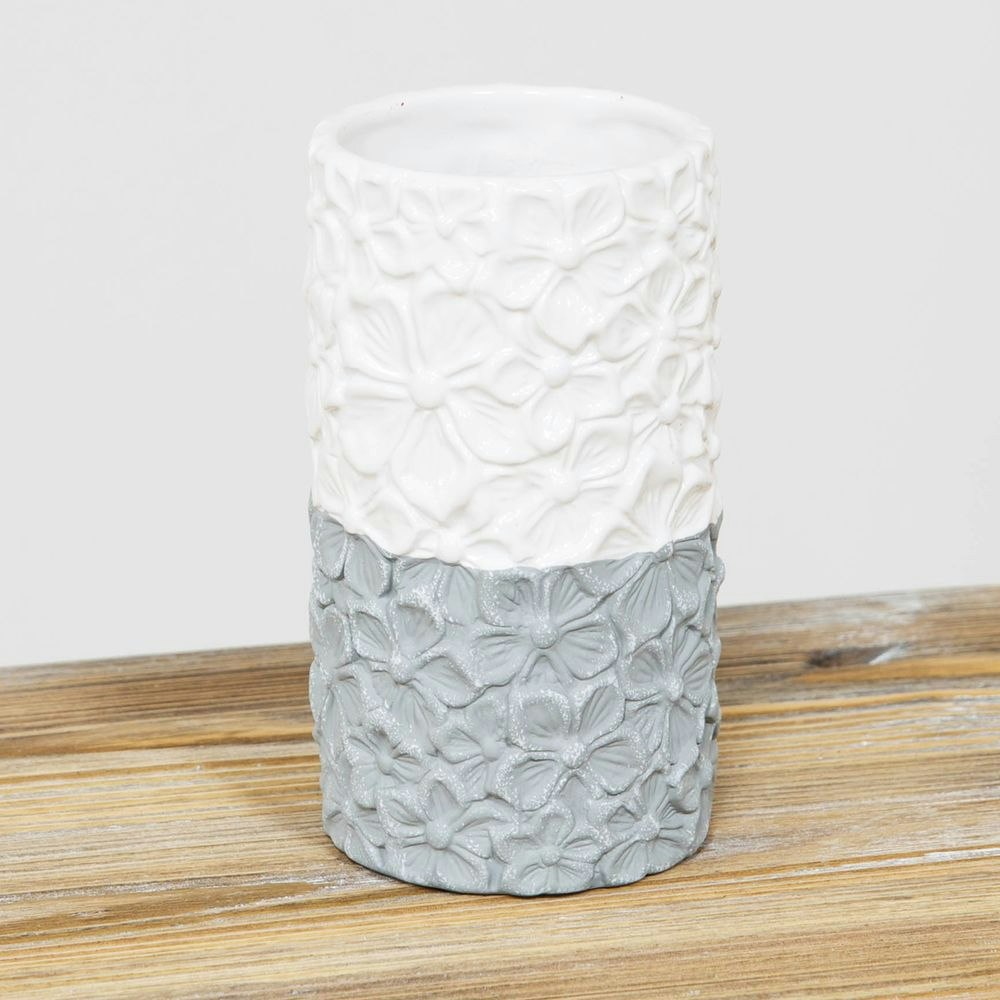 White & Grey Floral Embossed Ceramic Vase by