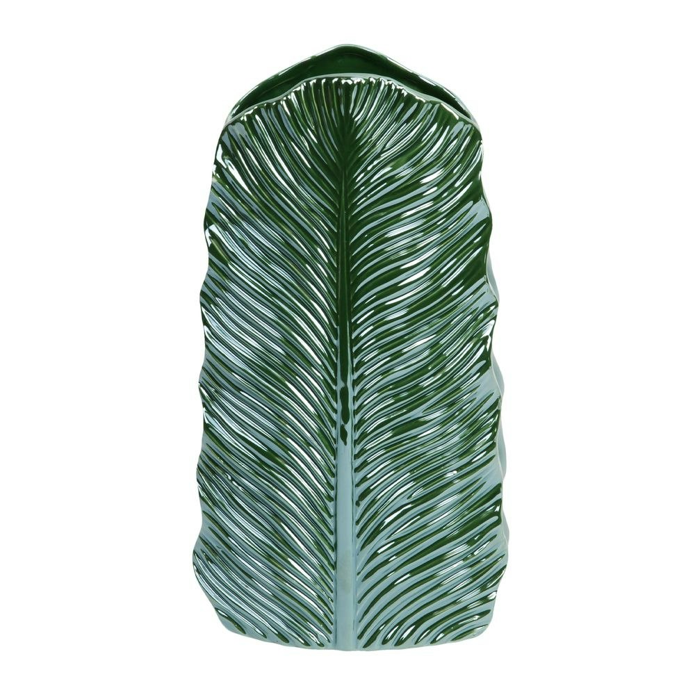 Dark Green Palm Leaf Ceramic Vase by