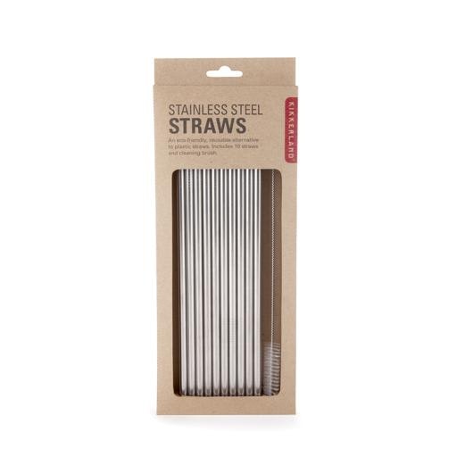Set of 10 Stainless Steel Drinking Straws with Cleaning Brush by Kikkerland Design