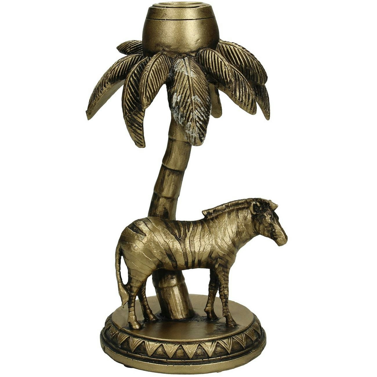 Malya Antique Gold Resin Zebra Palm Tree Candlestick by The Libra Company
