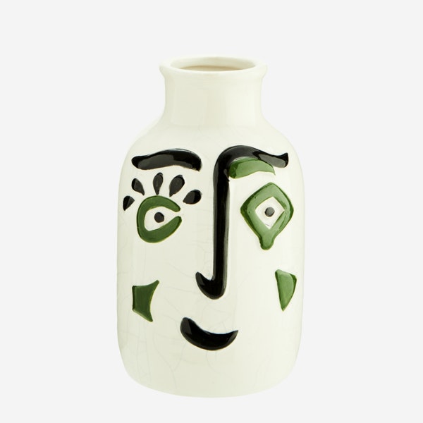 White With Green Glazed Face Ceramic Vase by Madam Stoltz