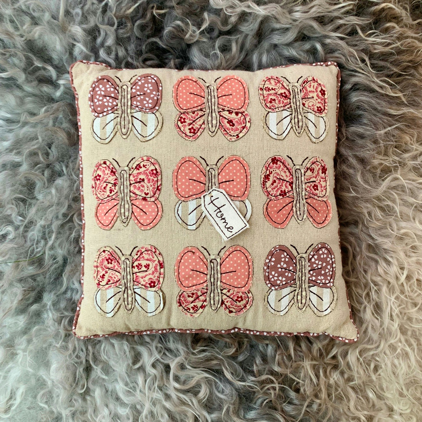 Small Square Pink and Beige Butterfly Appliques Cushion by