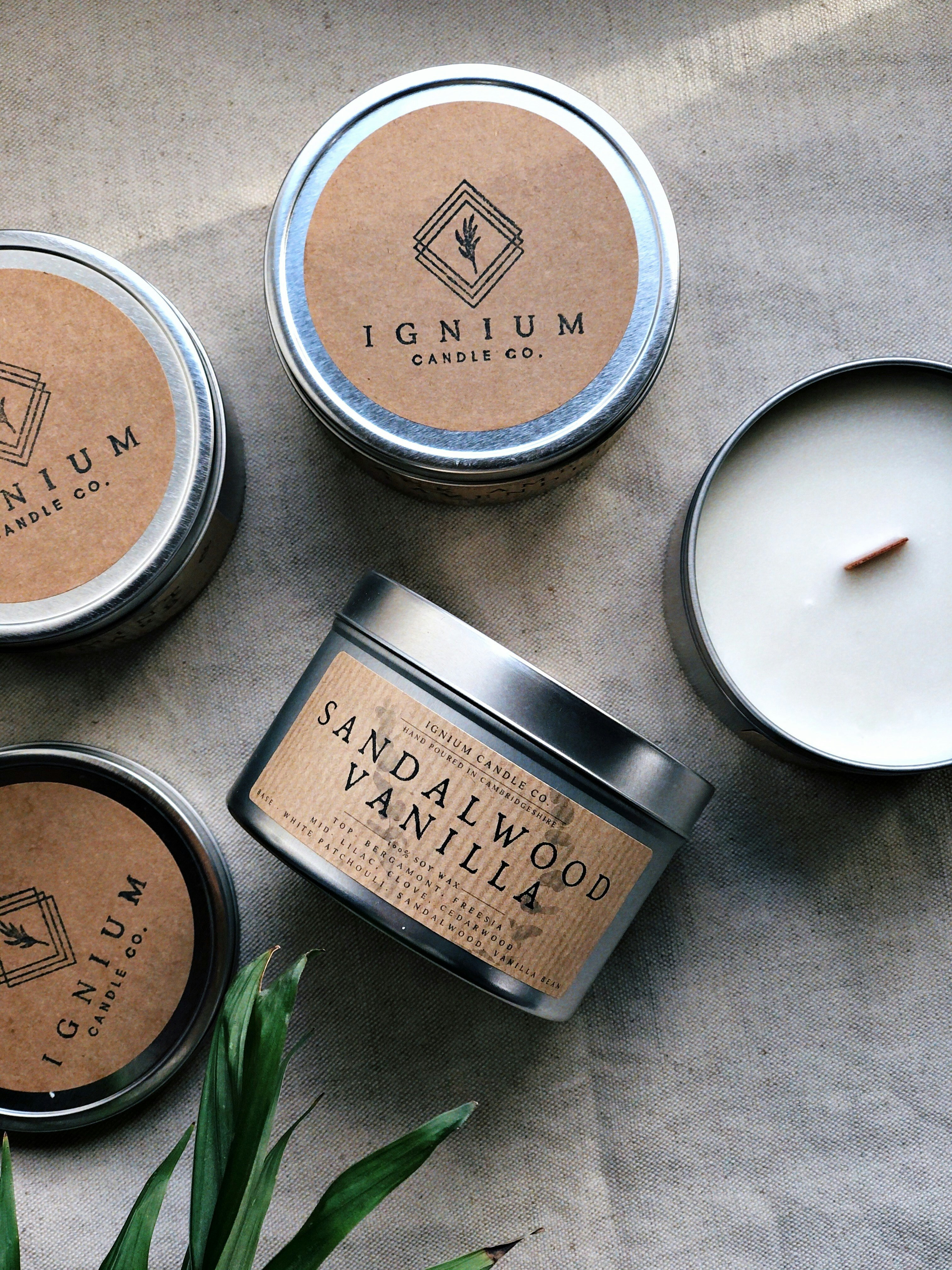 Sandalwood Vanilla & Patchouli Scented Soy Wax Candle by Ignium Candle Co