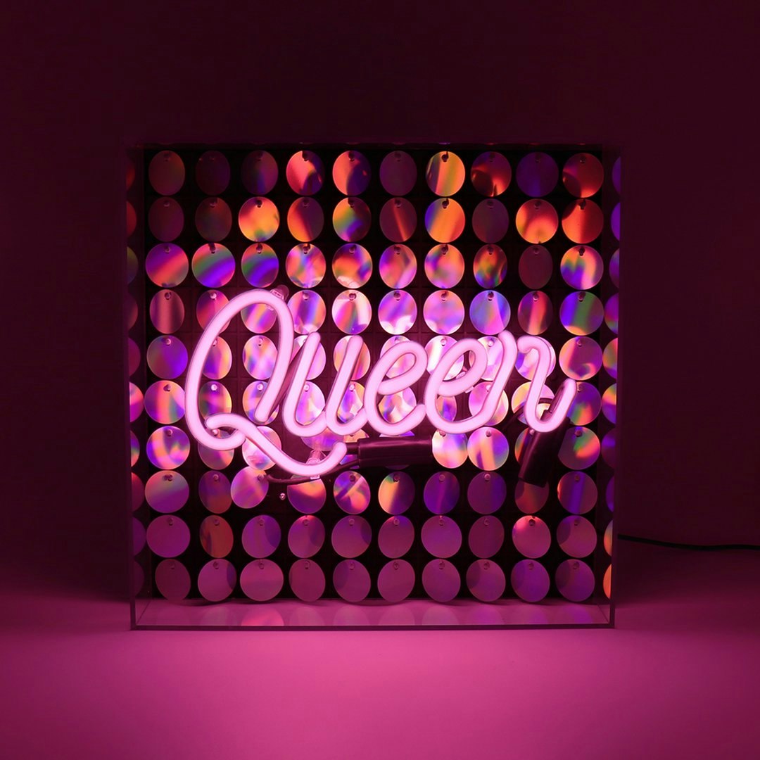 Queen Acrylic Box Neon Light with Sequins by Locomocean