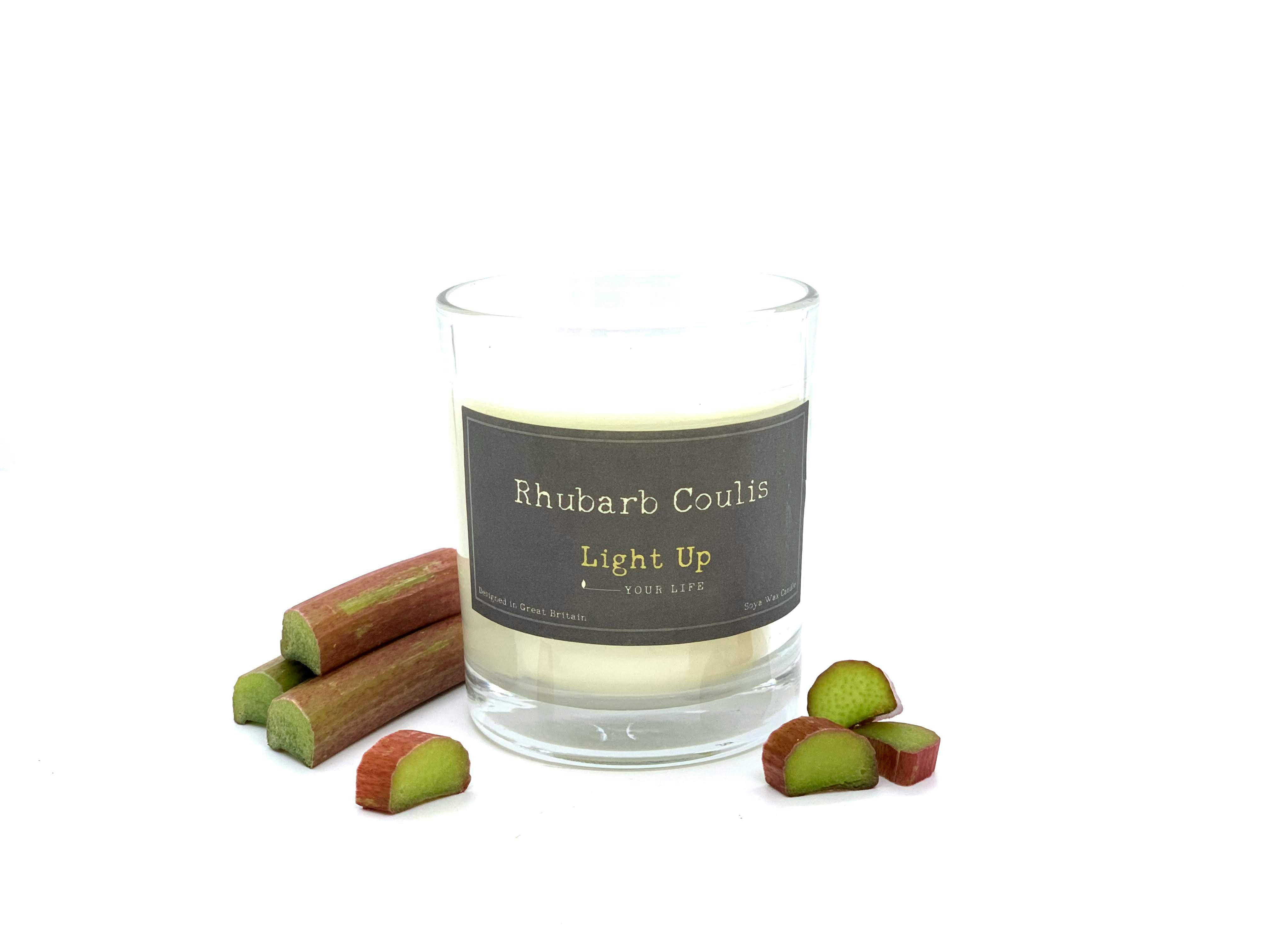 Rhubarb Coulis Scented Glass Candle with Personalised Wooden Lid by Light Up Your Life Candles