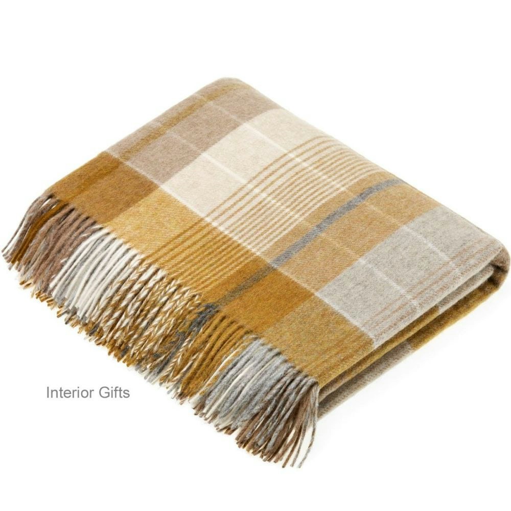Gold Florence Check Natural Merino Lambswool Throw 140cm x 185cm by Bronte by Moon