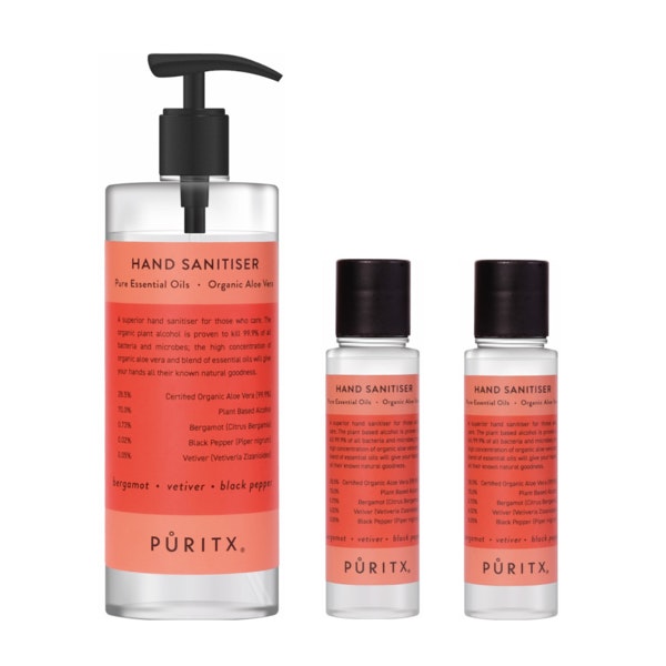 Organic Hand Sanitiser Set Of 1 X 250 Ml Pump Plus 2 X 60 Ml Travel Size With Bergamot Vetiver Black Pepper Essential Oils by Puritz