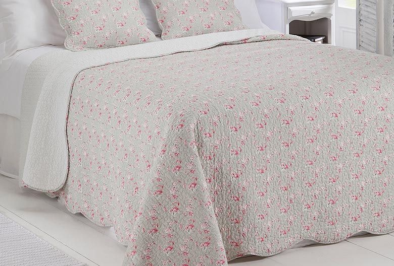 Soft Grey Delicate Rose Print Quilted Bedspread by Waltons of Yorkshire