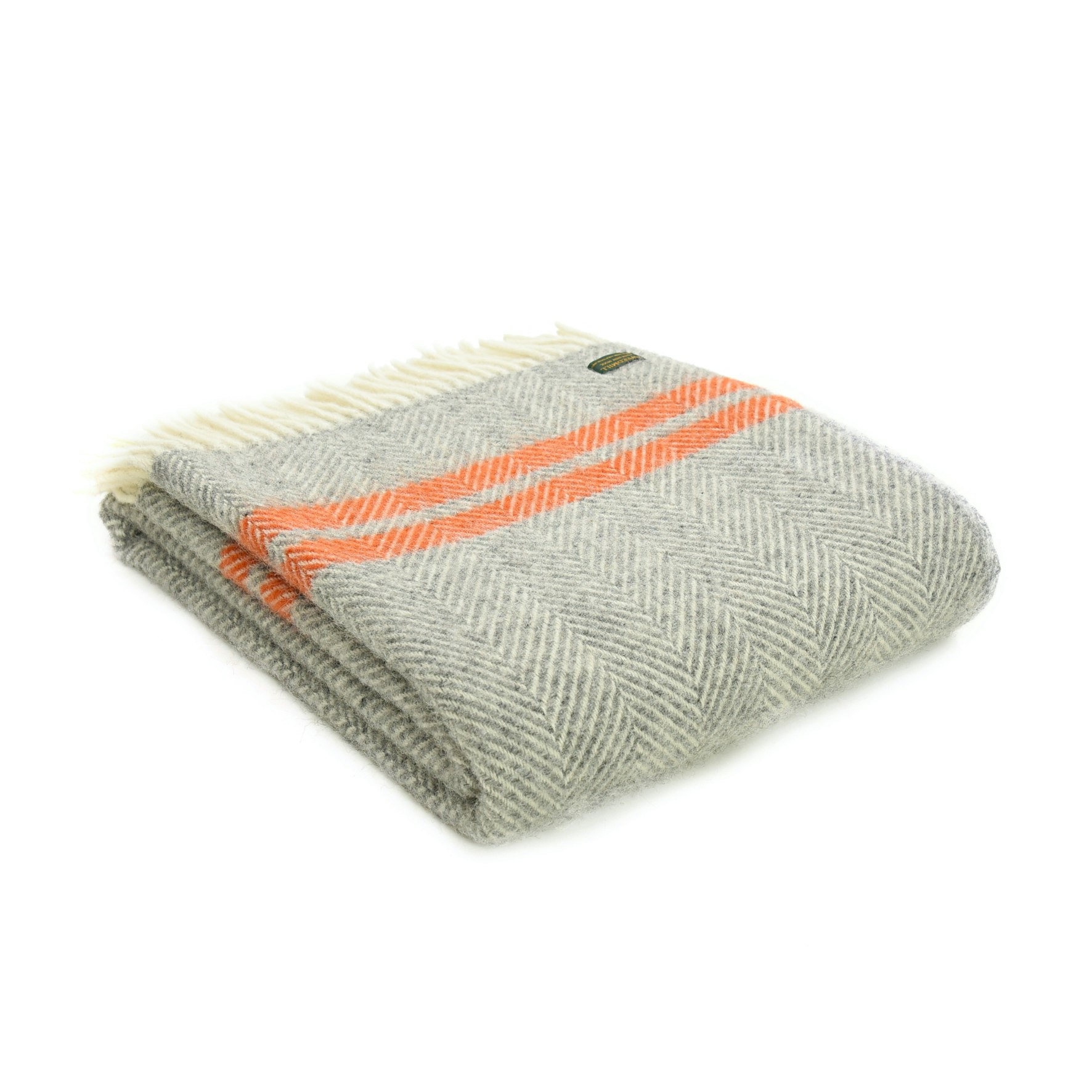 Fishbone Grey and Pumpkin Pure Wool Blanket by Tweedmill