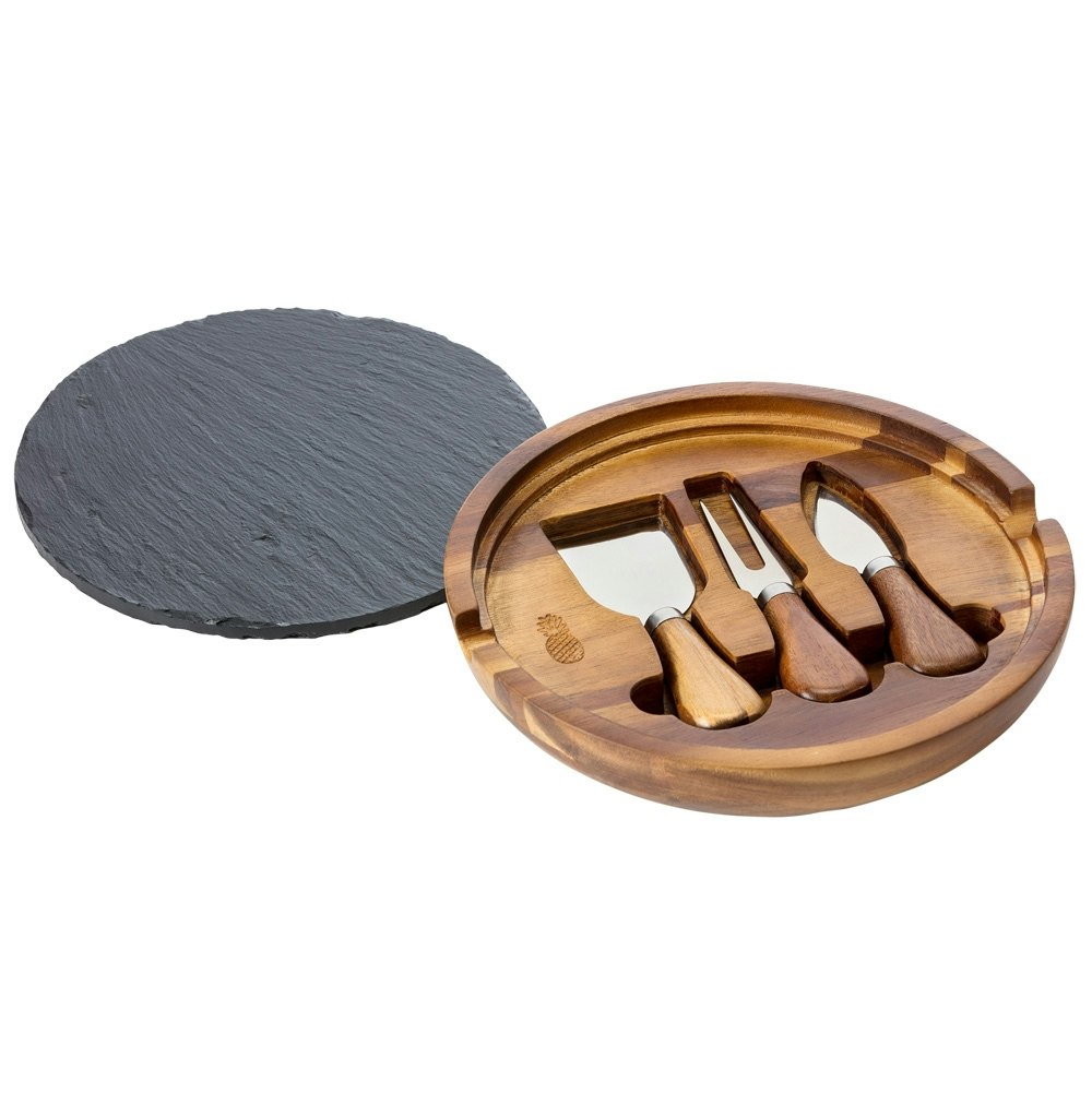 Round Acacia Wood Cheeseboard And Knives by