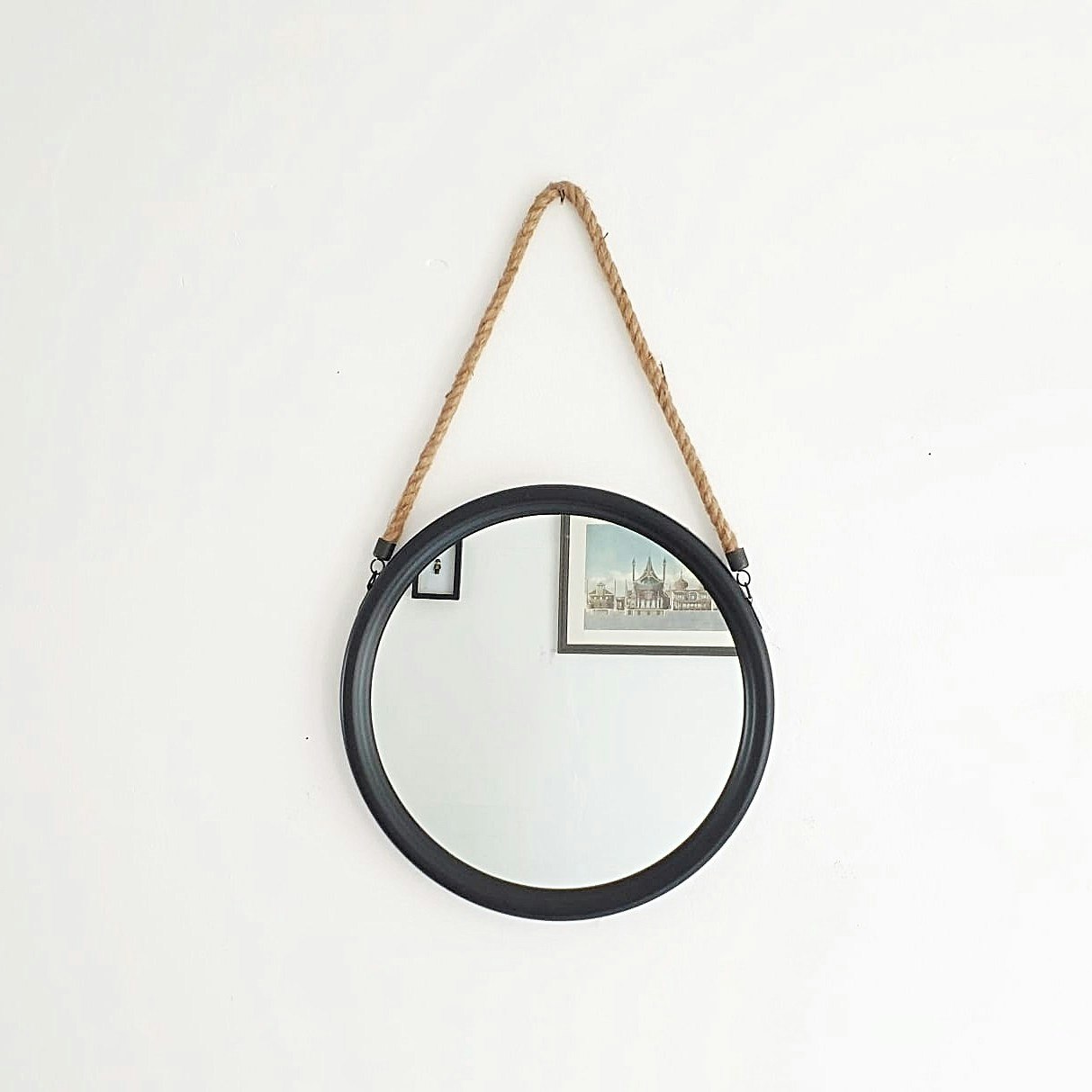 Small Round Black Mirror On Hanging Rope by