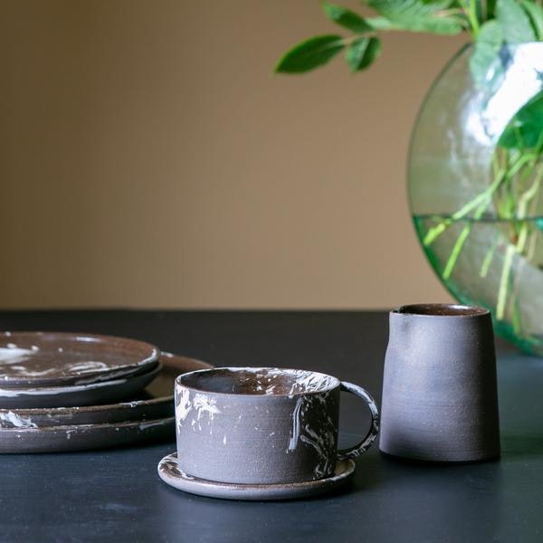 Coffee Cup & Saucer | Brown/Black with White Slip by Simon Ferrara
