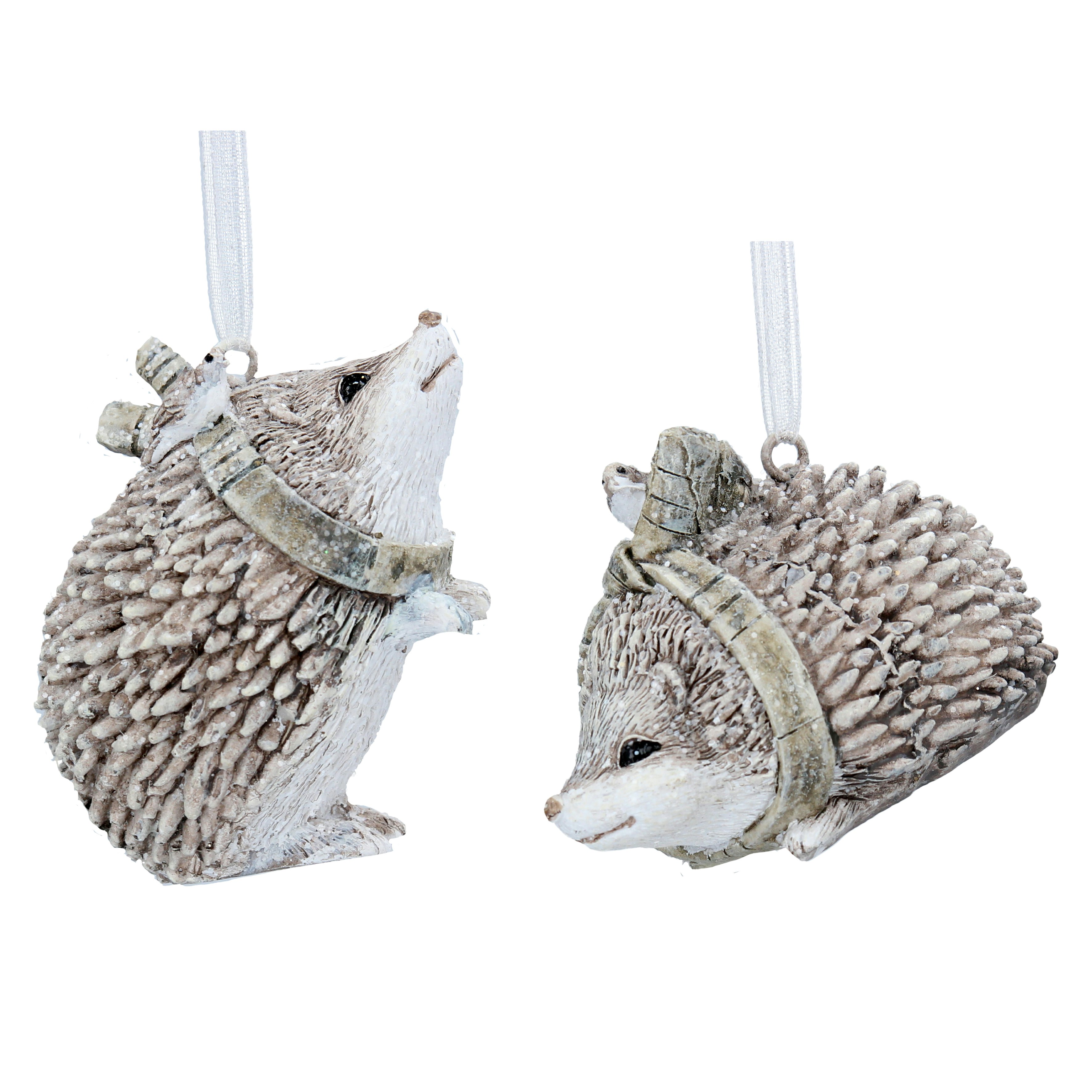 Set of 2 White/Brown Resin Hedgehog Decorations by Gisela Graham