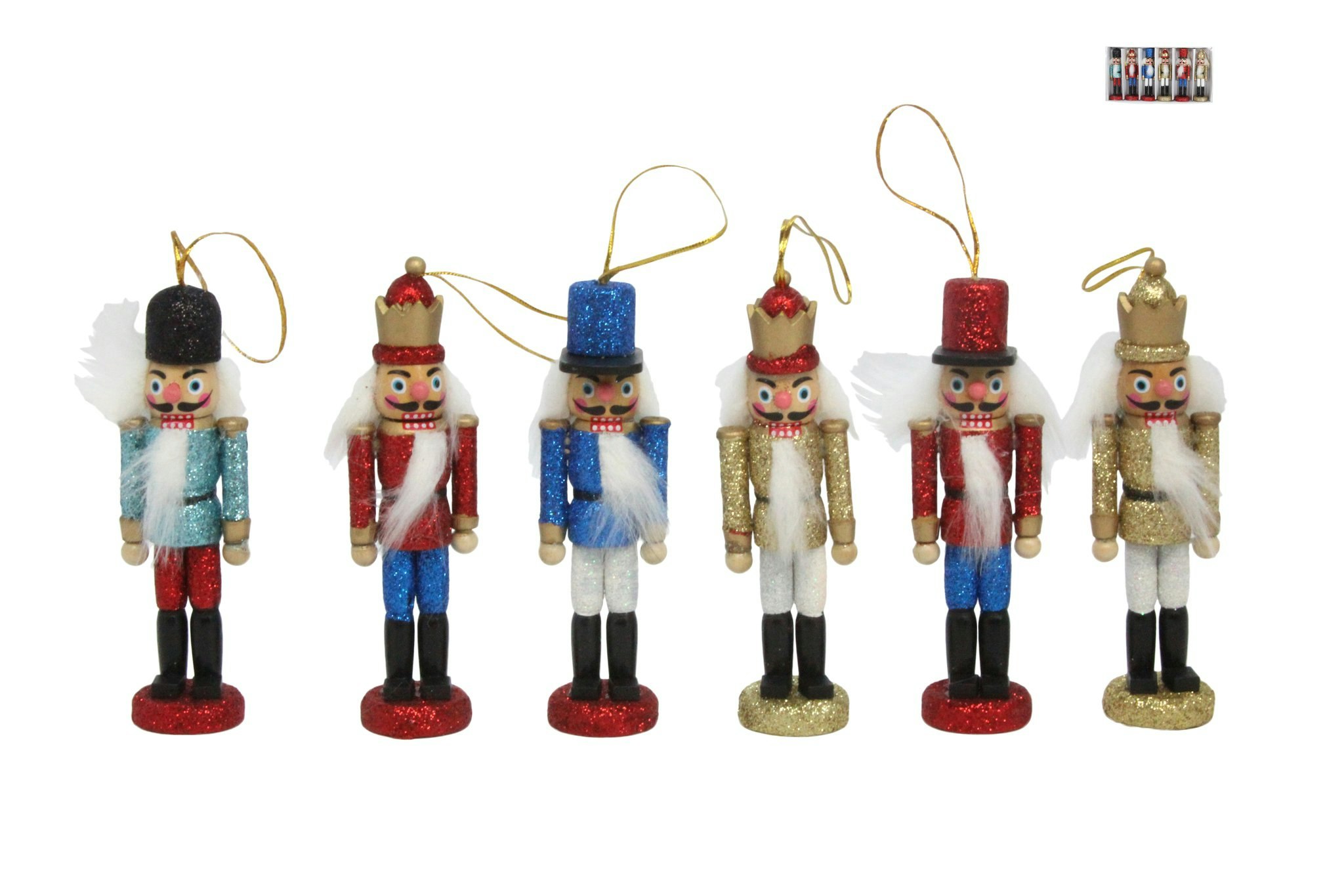 Set of 6 Wood Glittered Nutcracker Ornament by Gisela Graham