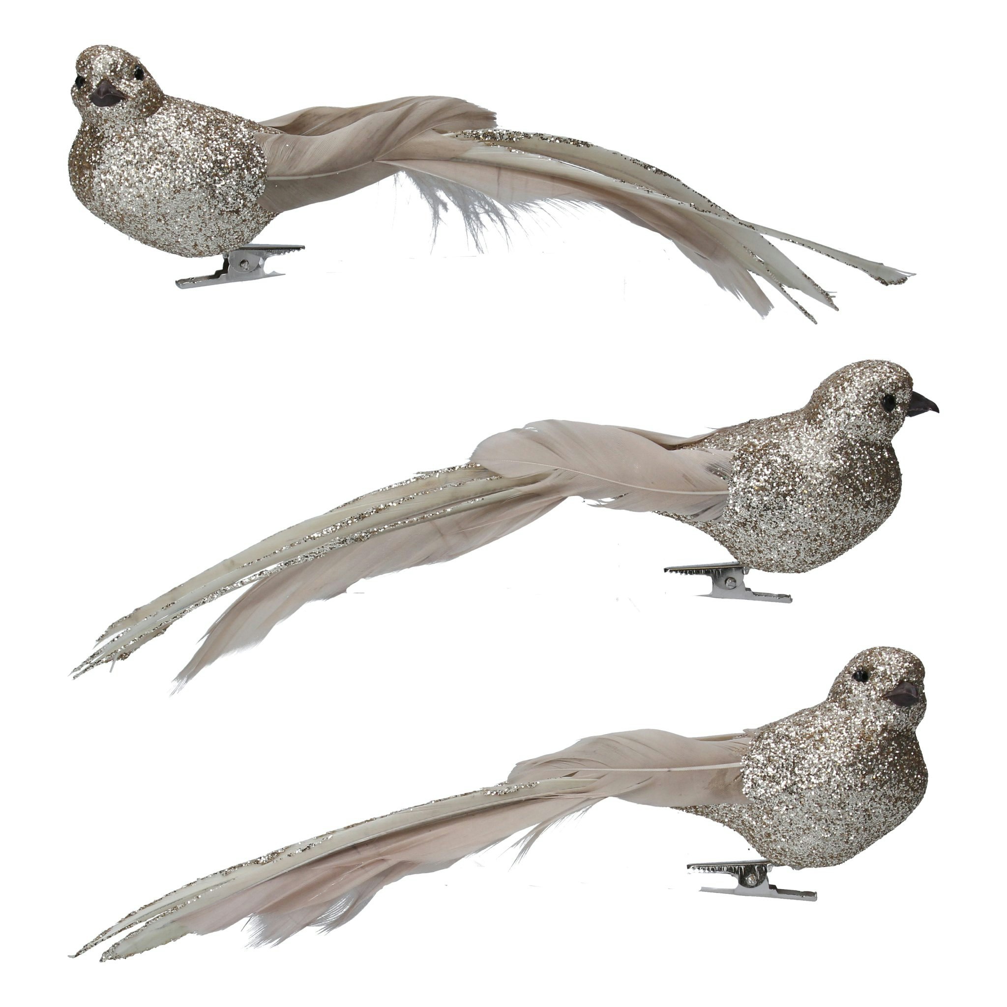 Set of 3 Gold Glitter Feather Bird Clip Ornament by
