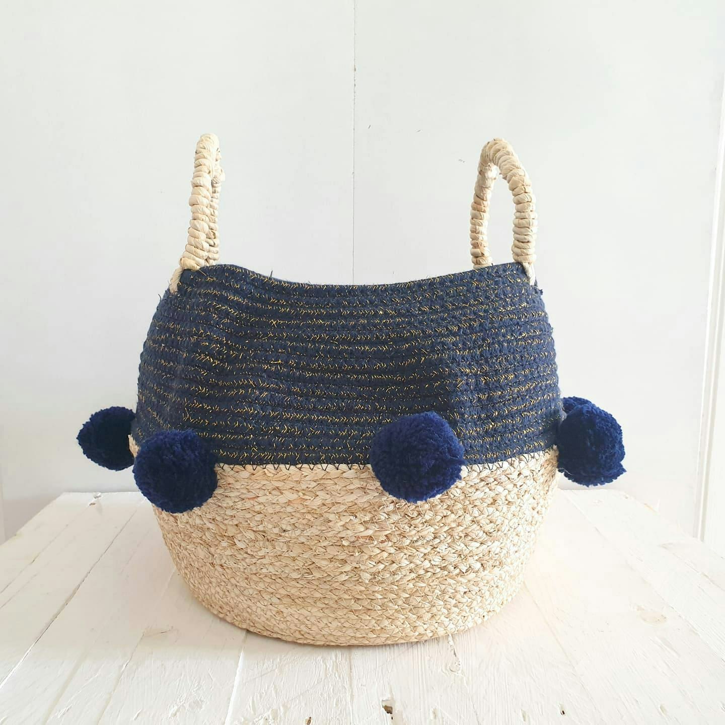 Navy Pom Pom Rope Basket by