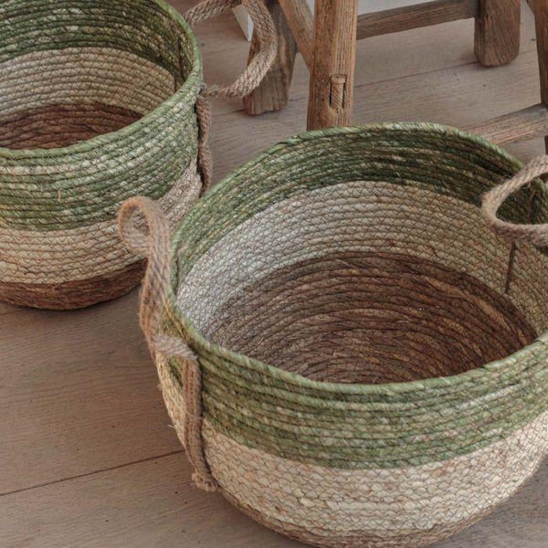 Set Of Three Round Grass Baskets Green Stripe by Distinctly Living