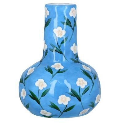 Large Blue Ceramic Painted Flowers Vase by Gisela Graham