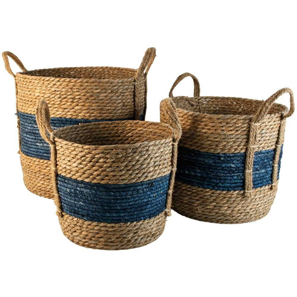 Straw And Corn Basket With Blue Weaving - Set Of 3 by Distinctly Living