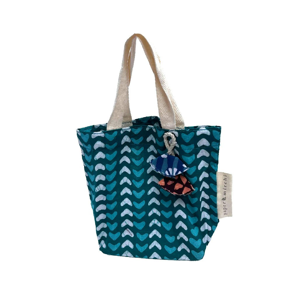 Small Fabric Tote Gift Bag with Teal Hearts by Paper Mirchi