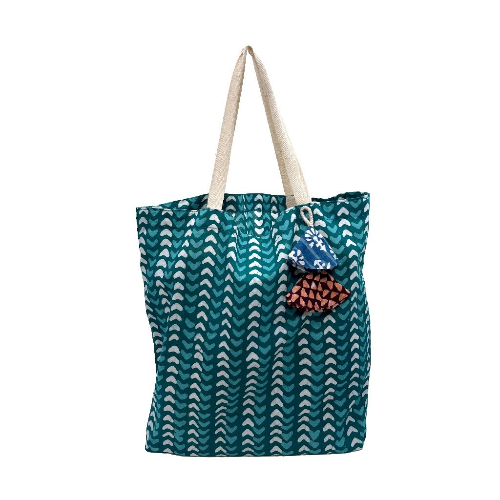 Large Fabric Tote Gift Bag with Teal Hearts by Paper Mirchi