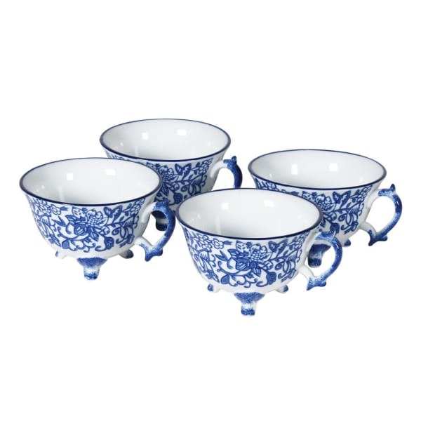 Set Of Four Pretty Blue And White Mugs With Feet by Coachhouse