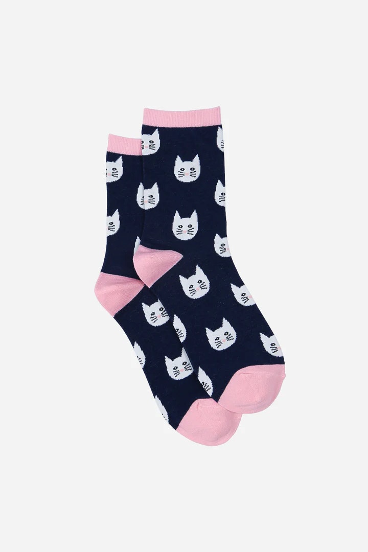 Womens Cat Print Bamboo Socks in Blue and Pink by Miss Shorthair