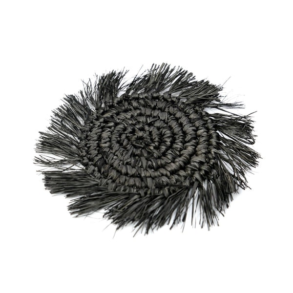 Raffia Straw Coaster With Fringe In Black by Beldi Maison