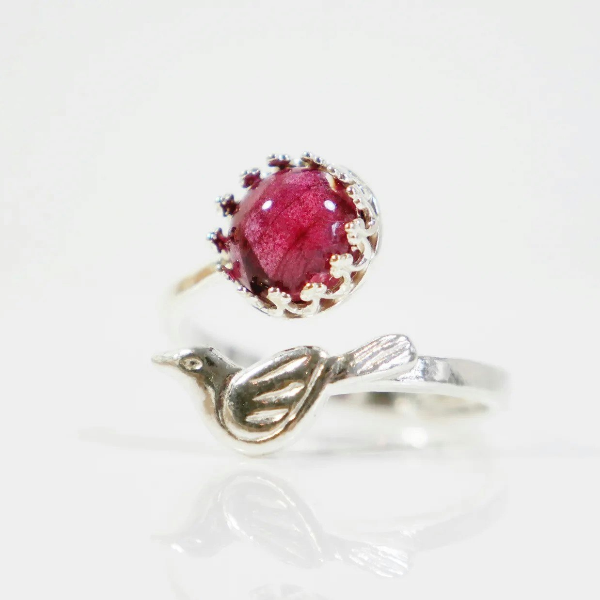 Poppy Bird Adjustable Ring in Silver by Botanic Isles
