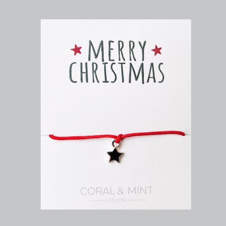 Christmas Star Charm Bracelet - Black Enamel with Red Cord by Coral & Mint