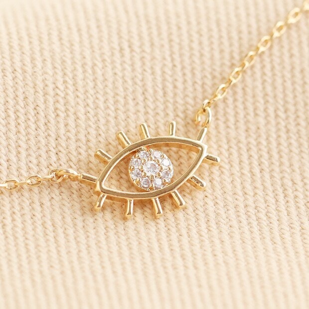 Gold Crystal Eye with Eyelashes Necklace by Lisa Angel