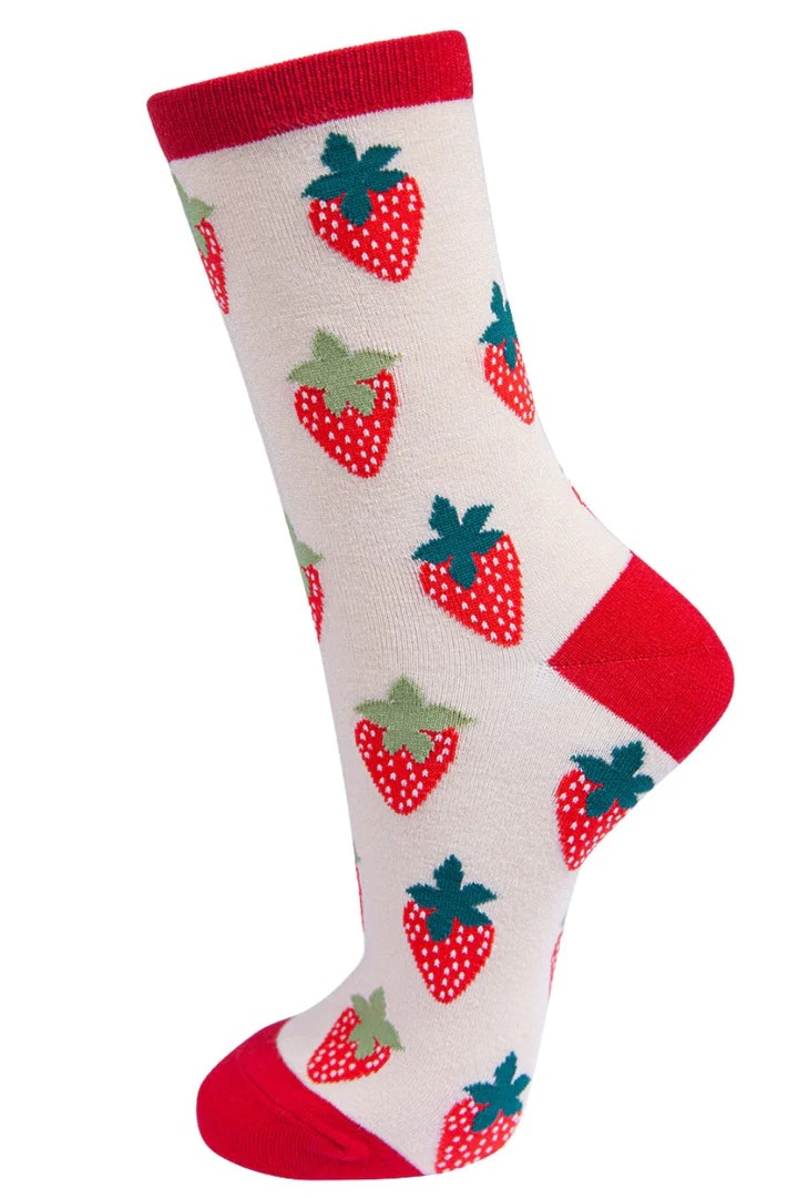 Cream and Red Strawberry Bamboo Ladies Socks by Miss Shorthair