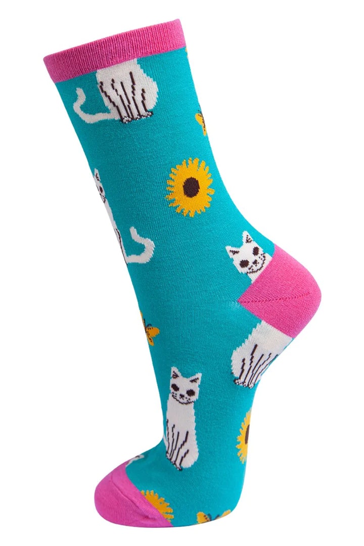 Turquoise and Hot Pink with Cats Ladies Bamboo Socks by Miss Shorthair