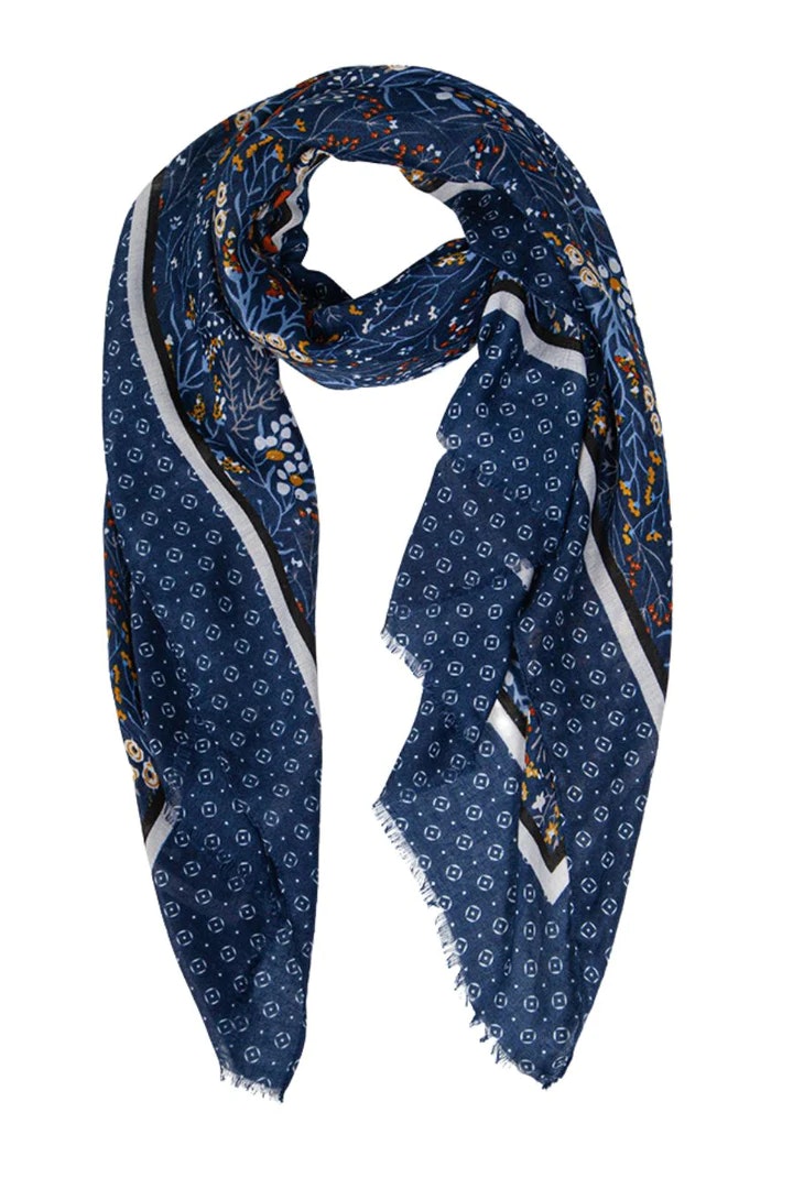 Blue Floral Print Scarf with Patterned Border by Miss Shorthair