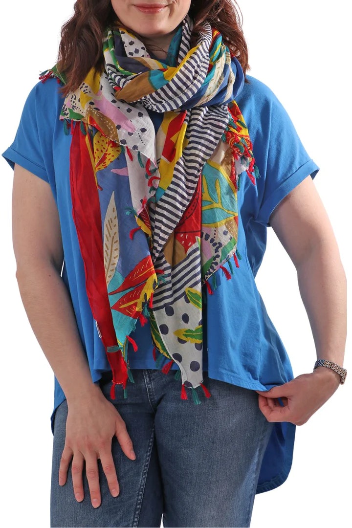 Patchwork Tropical Navy and Red Pattern Tasselled Cotton Scarf by Miss Shorthair