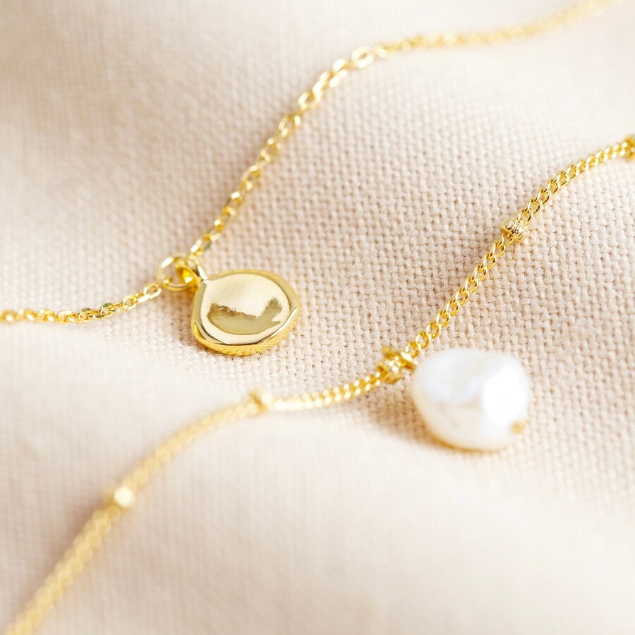 Freshwater Pearl and Disc Bracelet in Gold - Set of 2 by Lisa Angel