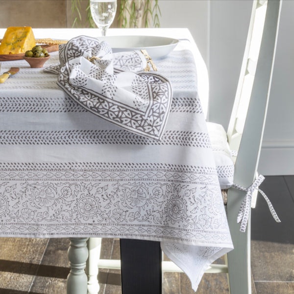 Cotton Hand Block Printed Tablecloth In Misty Grey by Grand Illusions