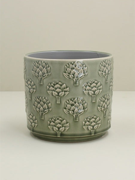 Green Artichoke Stoneware Pot Cover Medium by Gisela Graham
