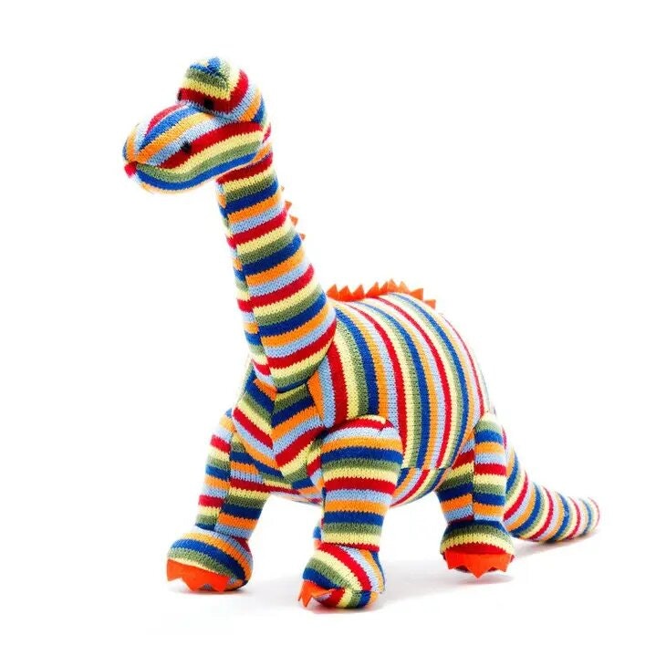 Knitted Diplodocus Dinosaur Toy in Rainbow Stripe by Best Years
