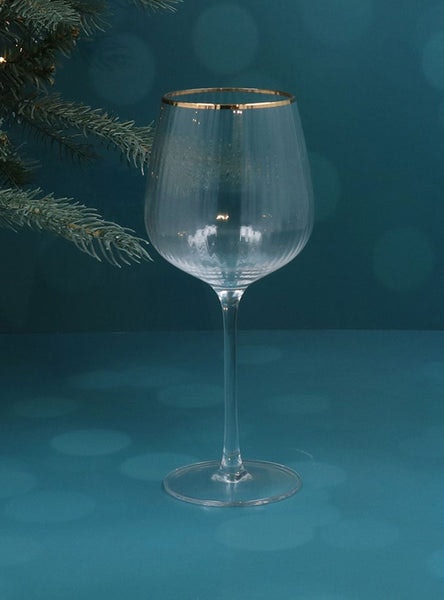 Ribbed Wine Glass W Gold Trim by Gisela Graham