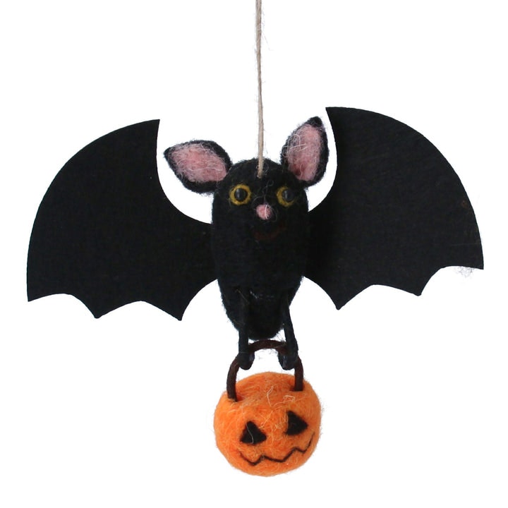 Mixed Wool Bat with Pumpkin Decorative Hanging by Gisela Graham
